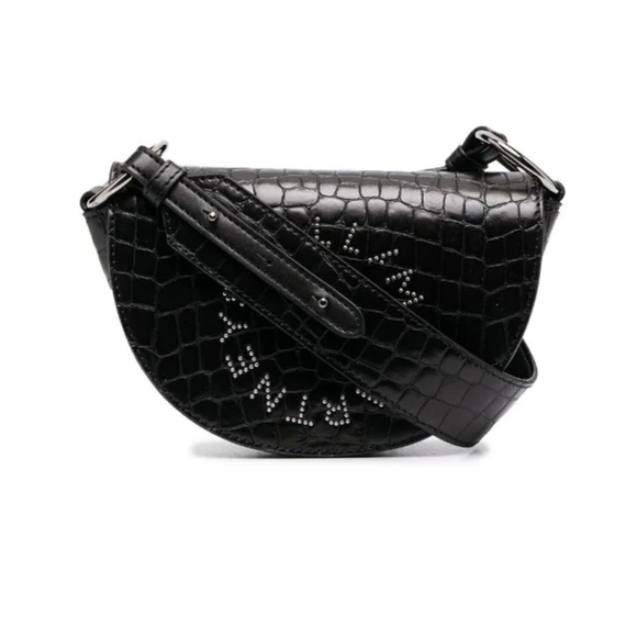 Stella McCartney Handbags - Stella McCartney Studded Logo Saddle Half Moon Croc-Embossed Black Shoul…
